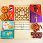 Five Evil Eye Rakhis with Sweets N Snacks Gift Hamper