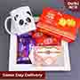 Beaded Rakhi with Chocolates N Mug in Tray Gift Hamper Same Day Delivery In Delhi NCR