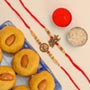 Trishul & Radha Krishna Set of 2 Rakhis With Besan Laddoo