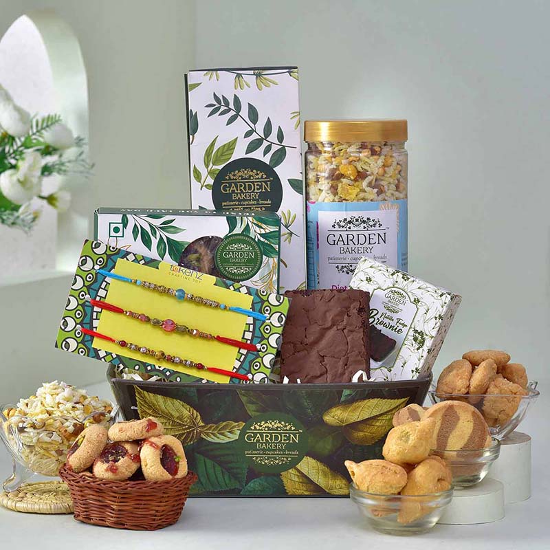 Send Garden Bakery Hamper with set of 3 Rakhis Online