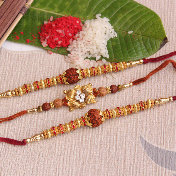 Send 3 unique golden Rudraksha Rakhi Online | Rakhibazaar.com