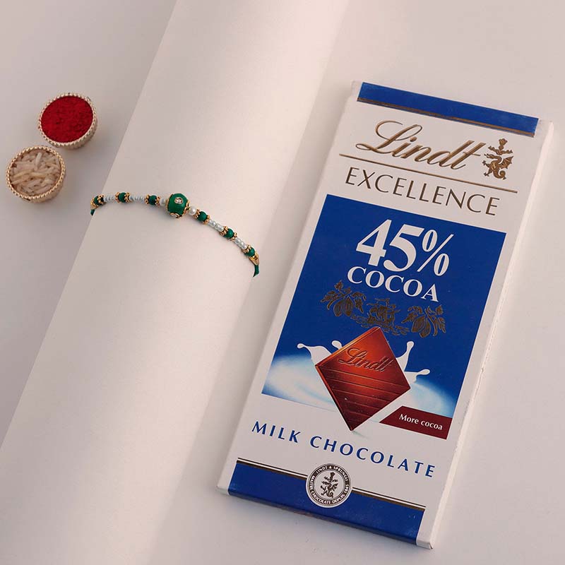 Send Fancy Green Rakhi with Lindt Chocolate Dubai Online