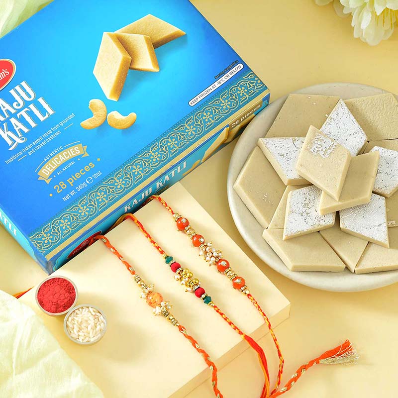 Send Set of 3 Traditional Rakhi with Kaju Katli Online | Rakhibazaar.com