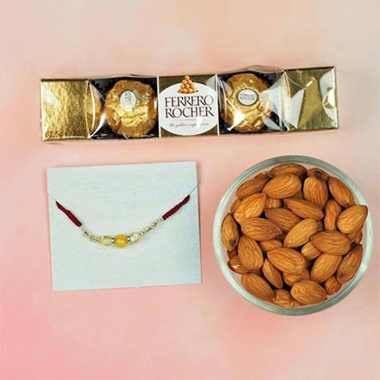 Yellow Agate Rakhi With Chocolates & Almonds