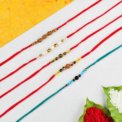 Pearl Rudraksh Tiger Stone & Lava Stone 5 Rakhi Set