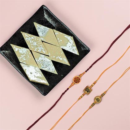 Aum & Ganpati 3 Rakhi Set with  Kaju Katli Sweet