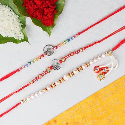 Ik Onkar & White Bead Rakhi  -3 Rakhi Set FOR AUSTRALIA