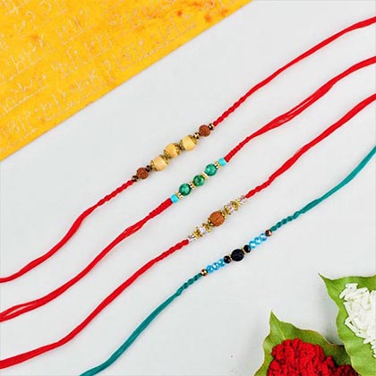 Sandalwood Rudraksh Green Agate & Lava Stone  4 Rakhi Set