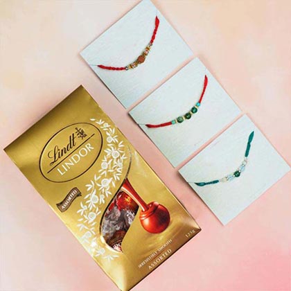 3 Rakhi Set of Rudraksh & Agate with Lindt Lindor