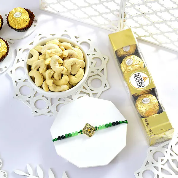 Emerald Radiance Rakhi With Cashew and Ferrero Rocher 5