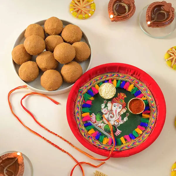 Holy Rakhi 2 With Besan Laddu and Pooja Thali