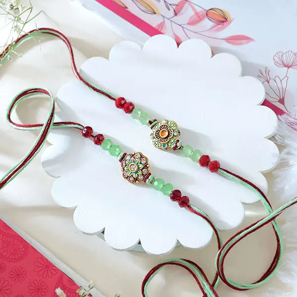 Set of 2 Green Traditional Floral Rakhi with Snickers