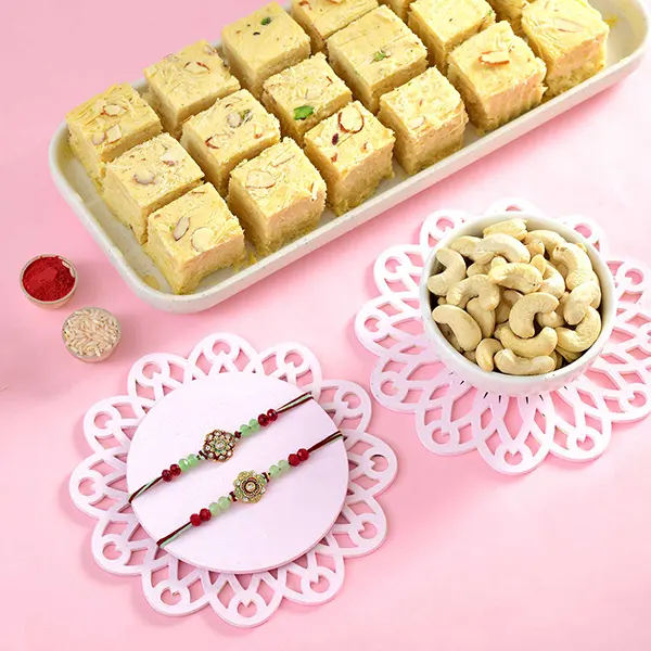 Set of 2 Green Traditional Floral Rakhi with Soan Papdi and Cashews