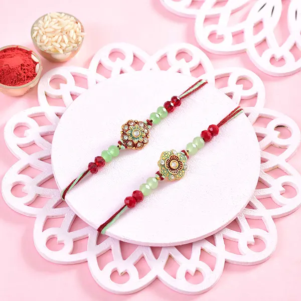 Set of 2 Green Traditional Floral Rakhi with Soan Papdi and Cashews