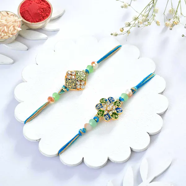 Set of 2 Blue Floral Rakhi with Kaju Katli and Almonds