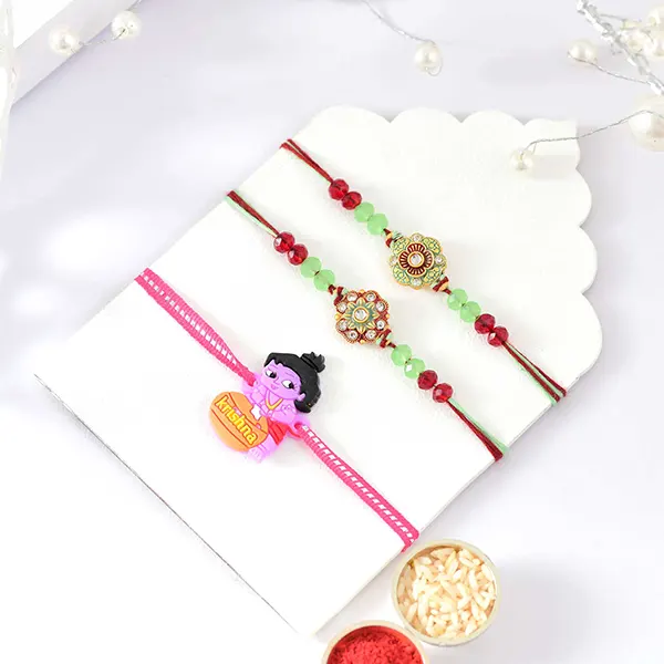 Set of 3 Green Traditional Floral and Kids Rakhi with Sweet, Dryfruit and Chocolate