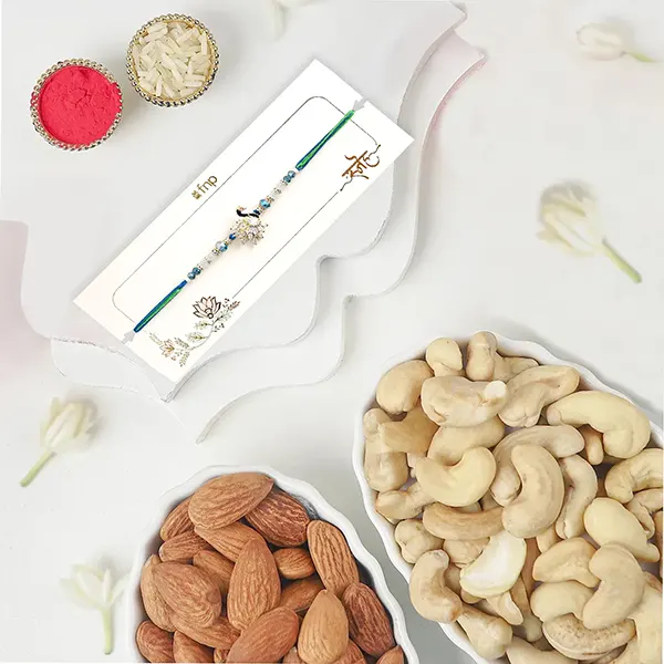 Mystic Harmony Peacock Rakhi With Cashew and Almonds