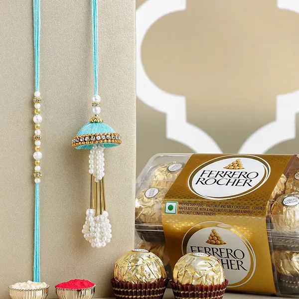 Enchanted Stone Work Lumba Pearl Rakhi Set With Choco Combo