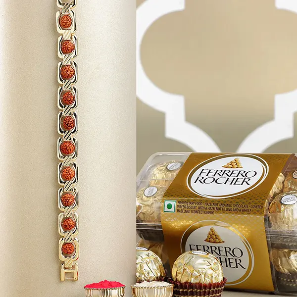 Glamorous Gold Embellished Rudraksh Rakhi N Ferrero Delights