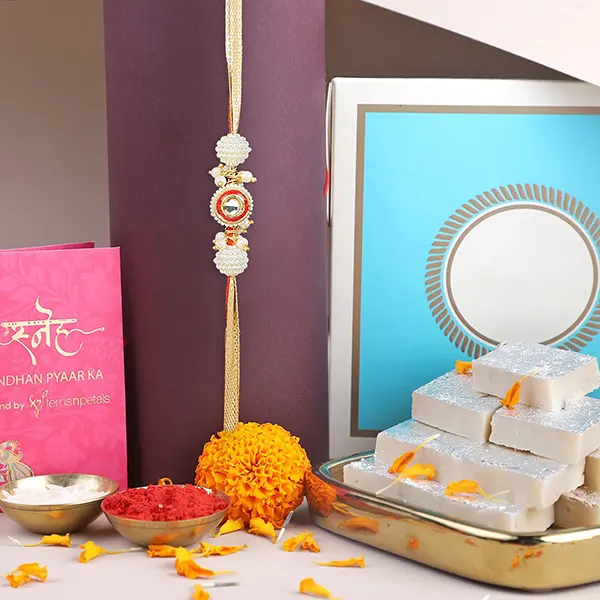 Crimson Majestic Pearl Rakhi N Kaju Katli Combo