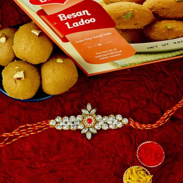 Kundan Floral Rakhi and Besan Laddoo