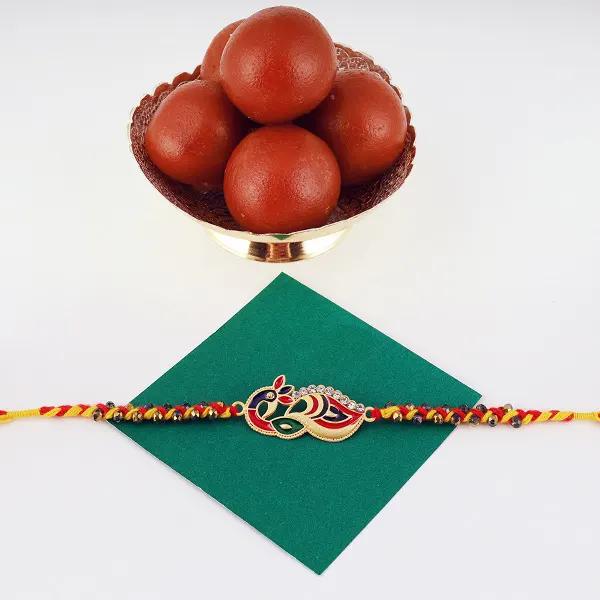 Spectacular Peacock Rakhi with Gulabjamun