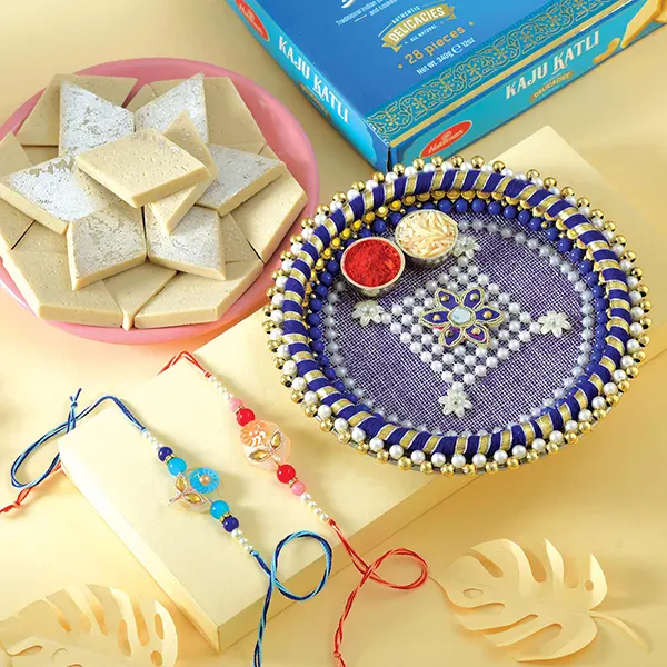 Sequins Rakhi Pair and Thali with Kaju Katli