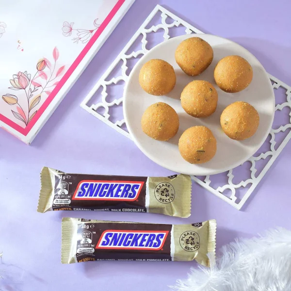 Luxury Metallic Rakhi Gift Combo with Besan Laddoo & Snickers