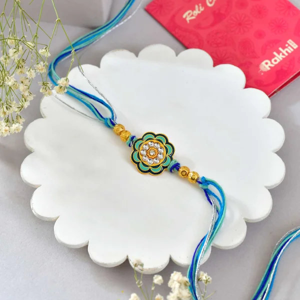 Floral Shaped Rakhi Gift Combo with Blue Thread