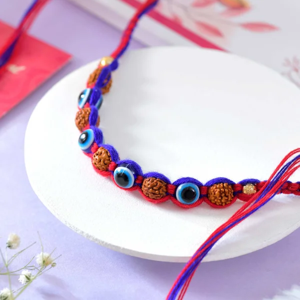 Premium Evil Eye Rudraksha Rakhi with Sweets & Chocolates