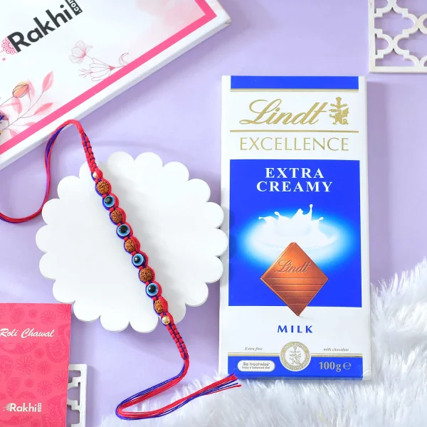 Premium Evil Eye Rudraksha Rakhi with Lindt Chocolate