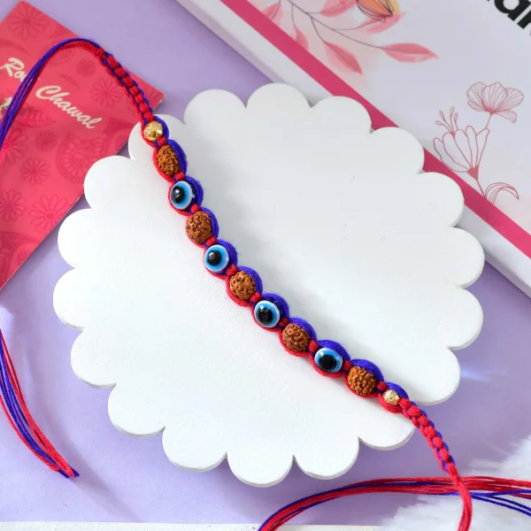 Premium Evil Eye Rudraksha Rakhi with Lindt Chocolate