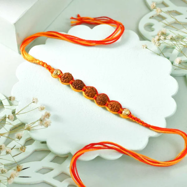 Five Rudraksha Rakhi Gift Combo with Ferrero Rocher