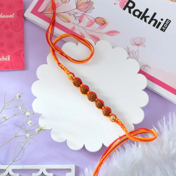 Five Rudraksha Rakhi Gift Combo with Gourmet Hamper