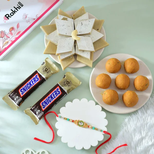 Golden Rakhi Gift Combo with Besan Laddu, Kaju Katli and Chocolates