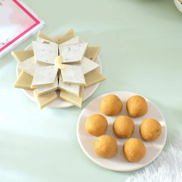 Golden Rakhi Gift Combo with Besan Laddu, Kaju Katli and Chocolates