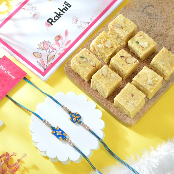 Pack of 2 Bluish Metallic Rakhi Gift Combo with Soan Papdi