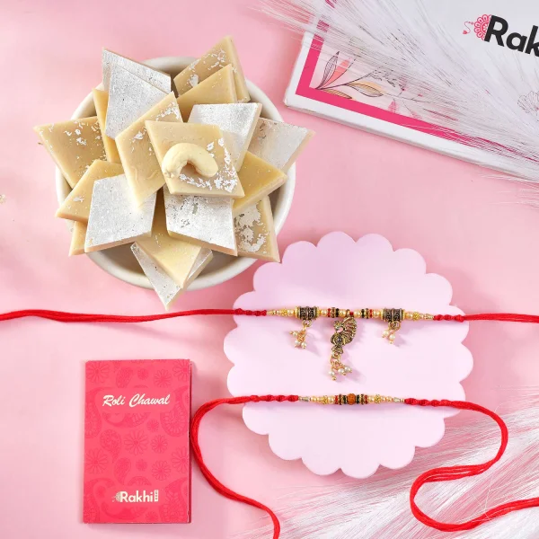 Premium Designer Bhaiya Bhabhi Rakhi Set Gift Combo with Kaju Katli