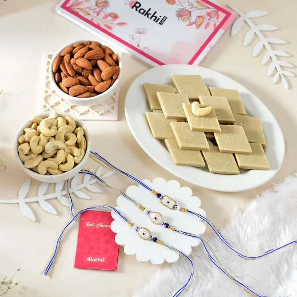 3 Evil Eye Protection Rakhi Gift Combo with Sweets & Nuts