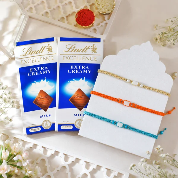 Premium Vibrant Rakhi Trio Set with Lindt Choco Delights