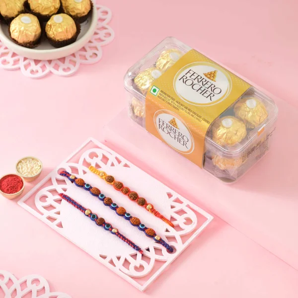 Rudraksha and Evil Eye Beads Rakhi Gift Combo with Ferrero Rocher