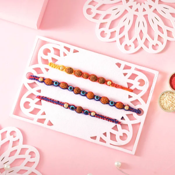 Rudraksha and Evil Eye Beads Rakhi Gift Combo with Ferrero Rocher