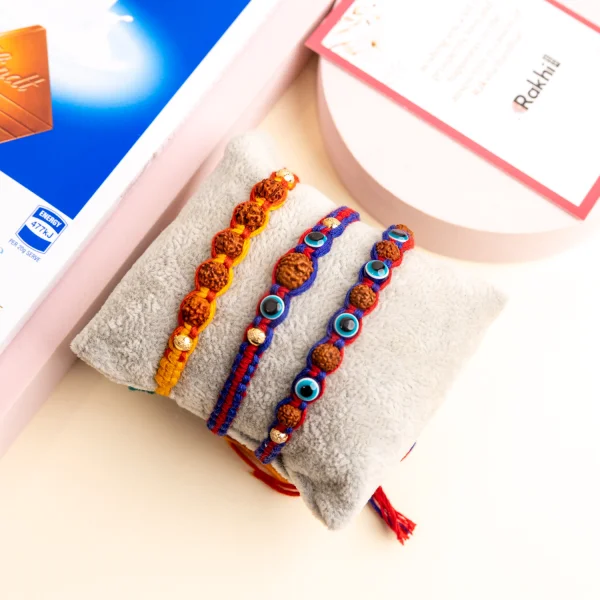 3 Rudraksh Rakhi Gift Combo with Lindt Chocolate
