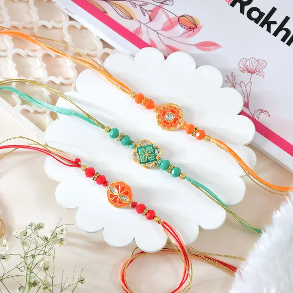 Premium Vibrant Meenakari Rakhi Set with Kaju Katli