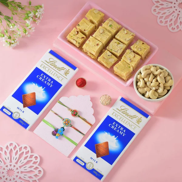 Pack of 2 Rakhi Gift Combo with  Lindt Chocolates & Soan Papdi