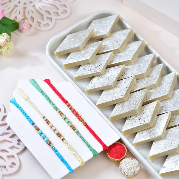 Premium Fascinating Four Rakhi with Kaju Katli