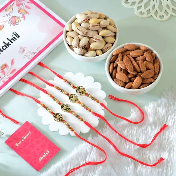 Pack of 4 Om Rakhis Gift Combo with Dryfruits