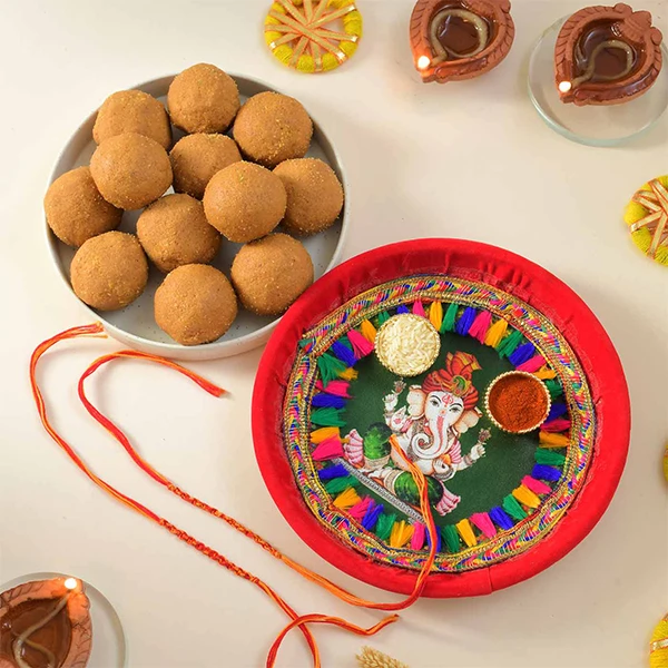 Set of Rakhi Thread With Pooja Thali & Laddoo