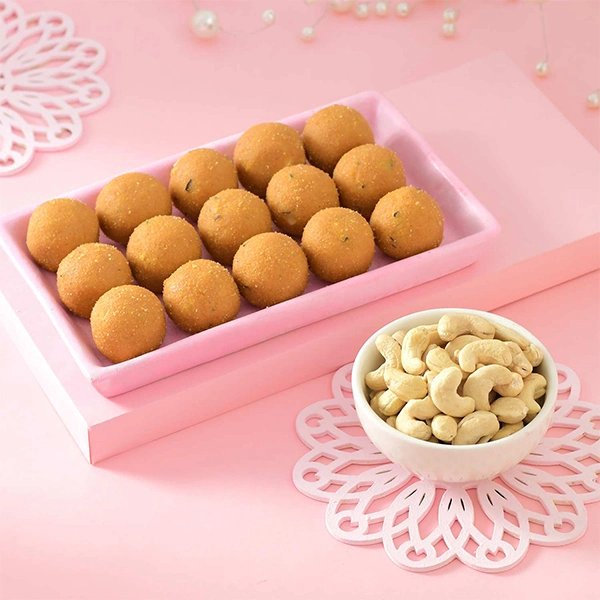 Set of Three Rakhi With Laddoo & Cashew