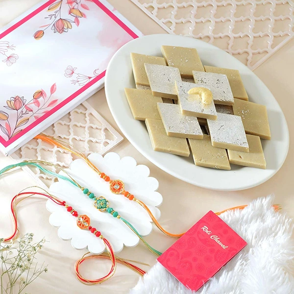 Set of 3 Enchanting Rakhi with Kaju Katli